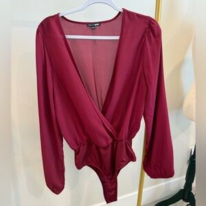 Fashion Nova Sheer Long Sleeve Bodysuit | Puff Sleeve| Burgundy | Medium |